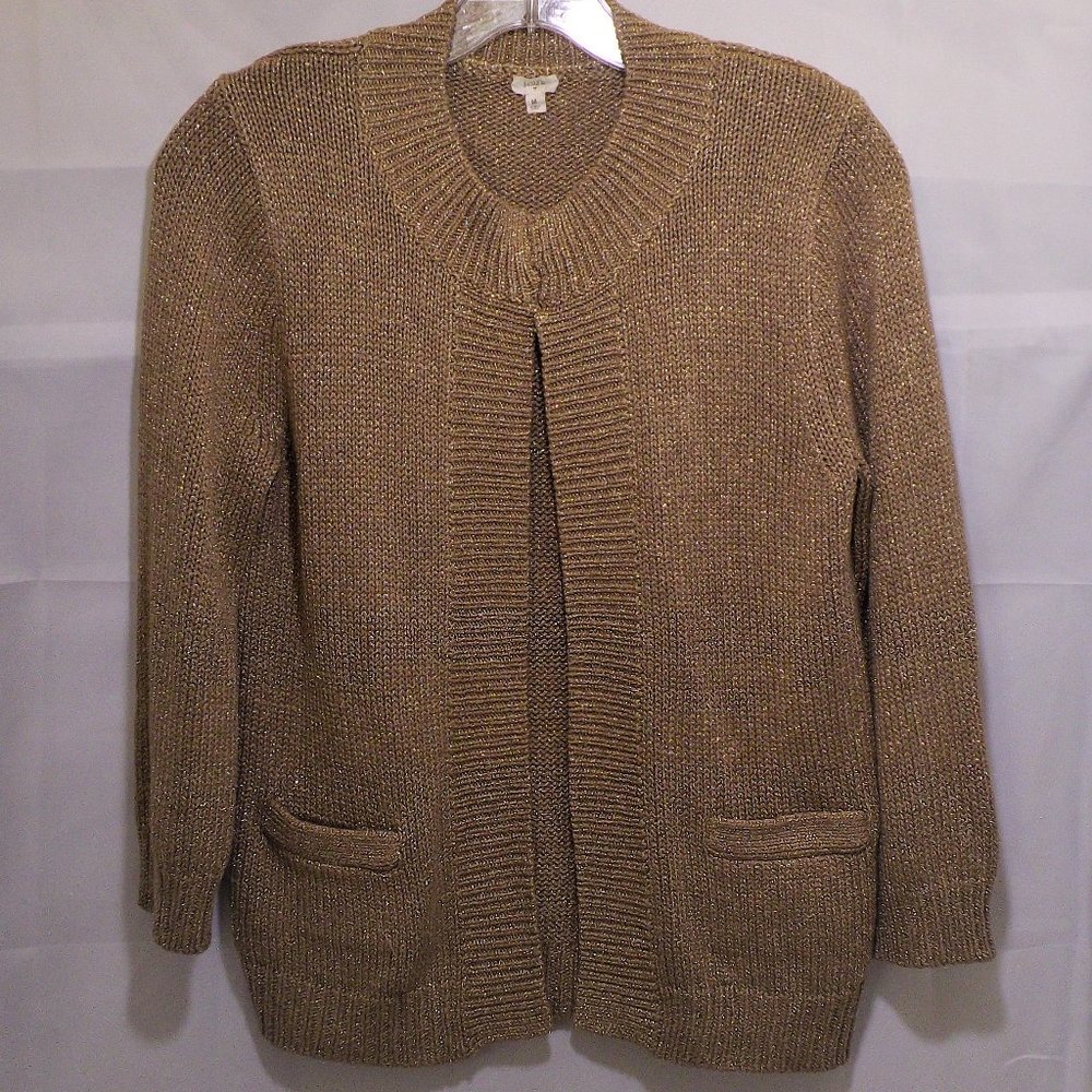 Open Front Cardigan, Camel w/Gold Lurex & Pockets